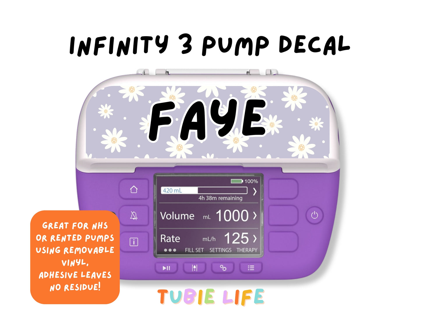 Feeding Pump Sticker Tubie Life for Fresenius Amika, Abbott Freego, Nutrica Infinity and Infinity 3 - Purple daisy