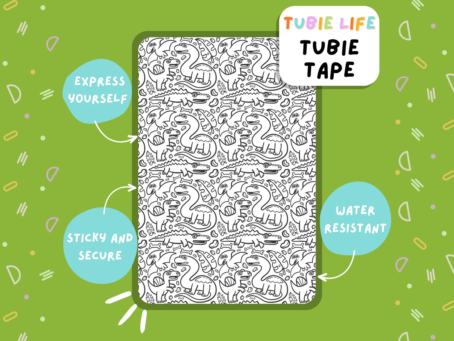 TUBIE TAPE Tubie Life Dinosaur outline ng tube tape for feeding tubes and other tubing full sheet