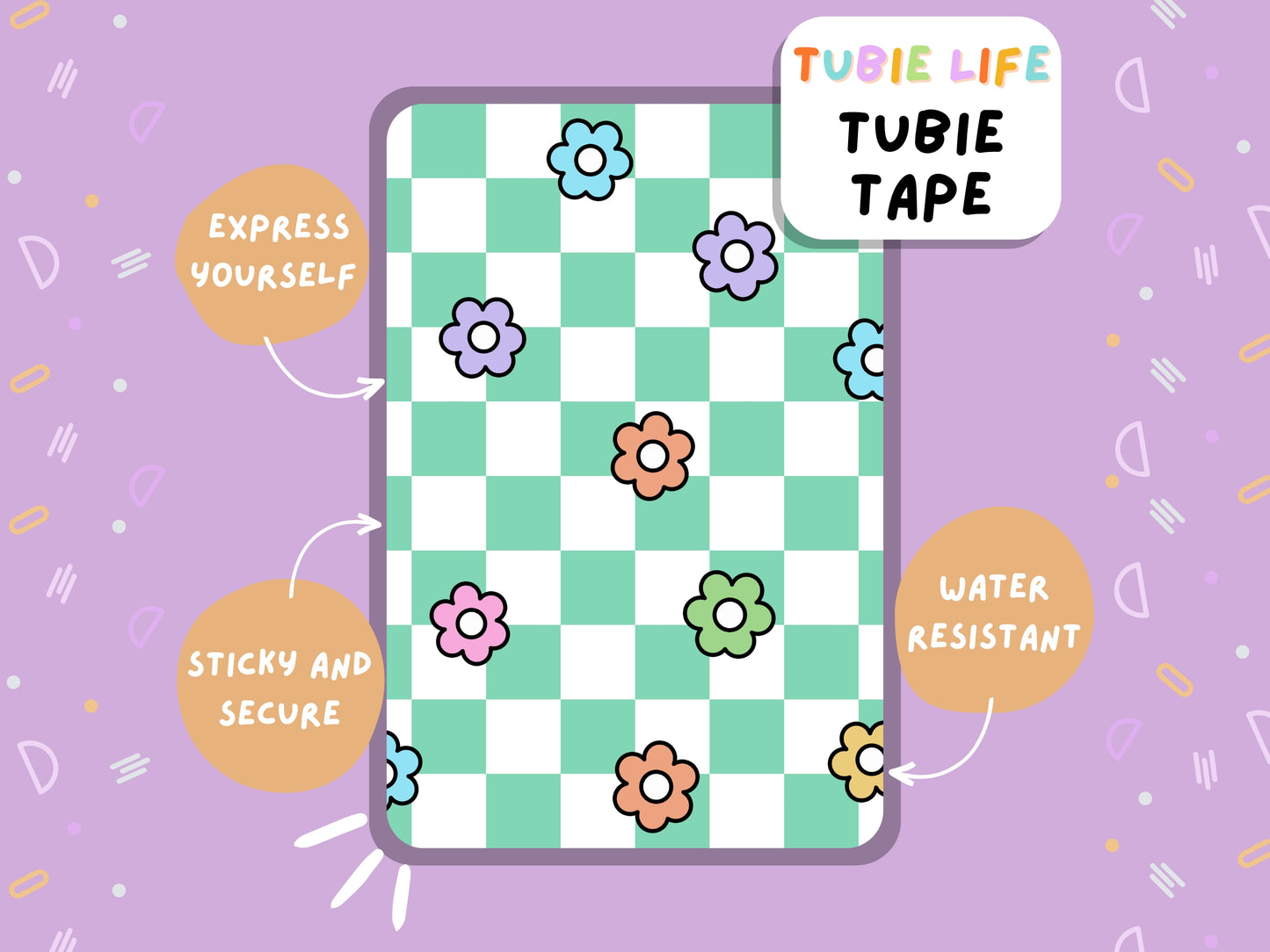 TUBIE TAPE Tubie Life green check flower ng tube tape for feeding tubes and other tubing Full Sheet