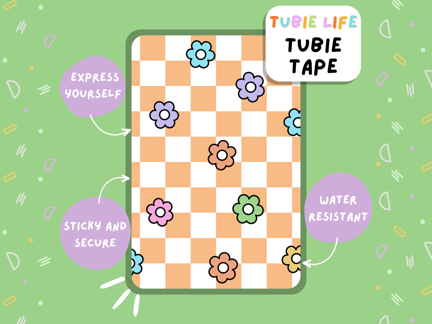 TUBIE TAPE Tubie Life orange check flower ng tube tape for feeding tubes and other tubing Full Sheet