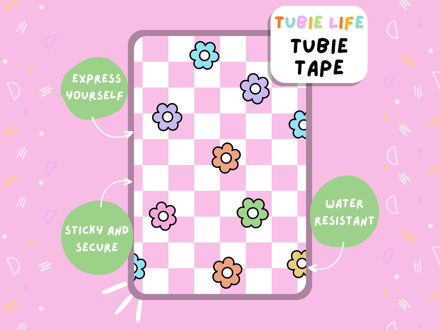 TUBIE TAPE Tubie Life pink check flower ng tube tape for feeding tubes and other tubing Full Sheet
