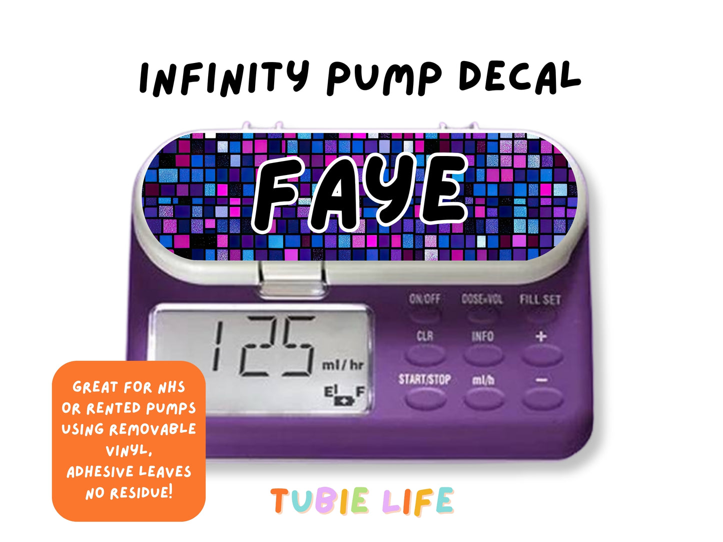 Feeding Pump Sticker Tubie Life for Fresenius Amika, Abbott Freego, Nutrica Infinity and Infinity 3 - purple squares