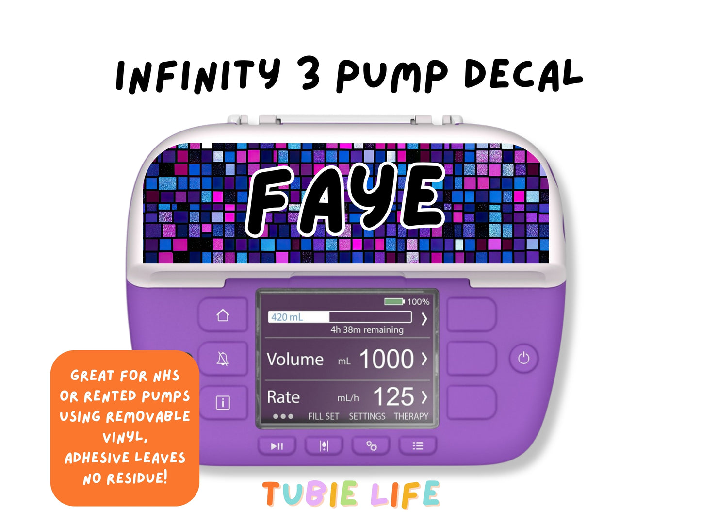 Feeding Pump Sticker Tubie Life for Fresenius Amika, Abbott Freego, Nutrica Infinity and Infinity 3 - purple squares