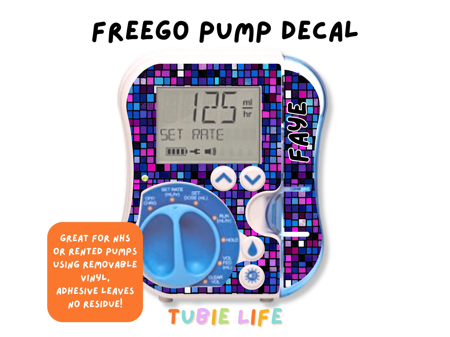 Feeding Pump Sticker Tubie Life for Fresenius Amika, Abbott Freego, Nutrica Infinity and Infinity 3 - purple squares