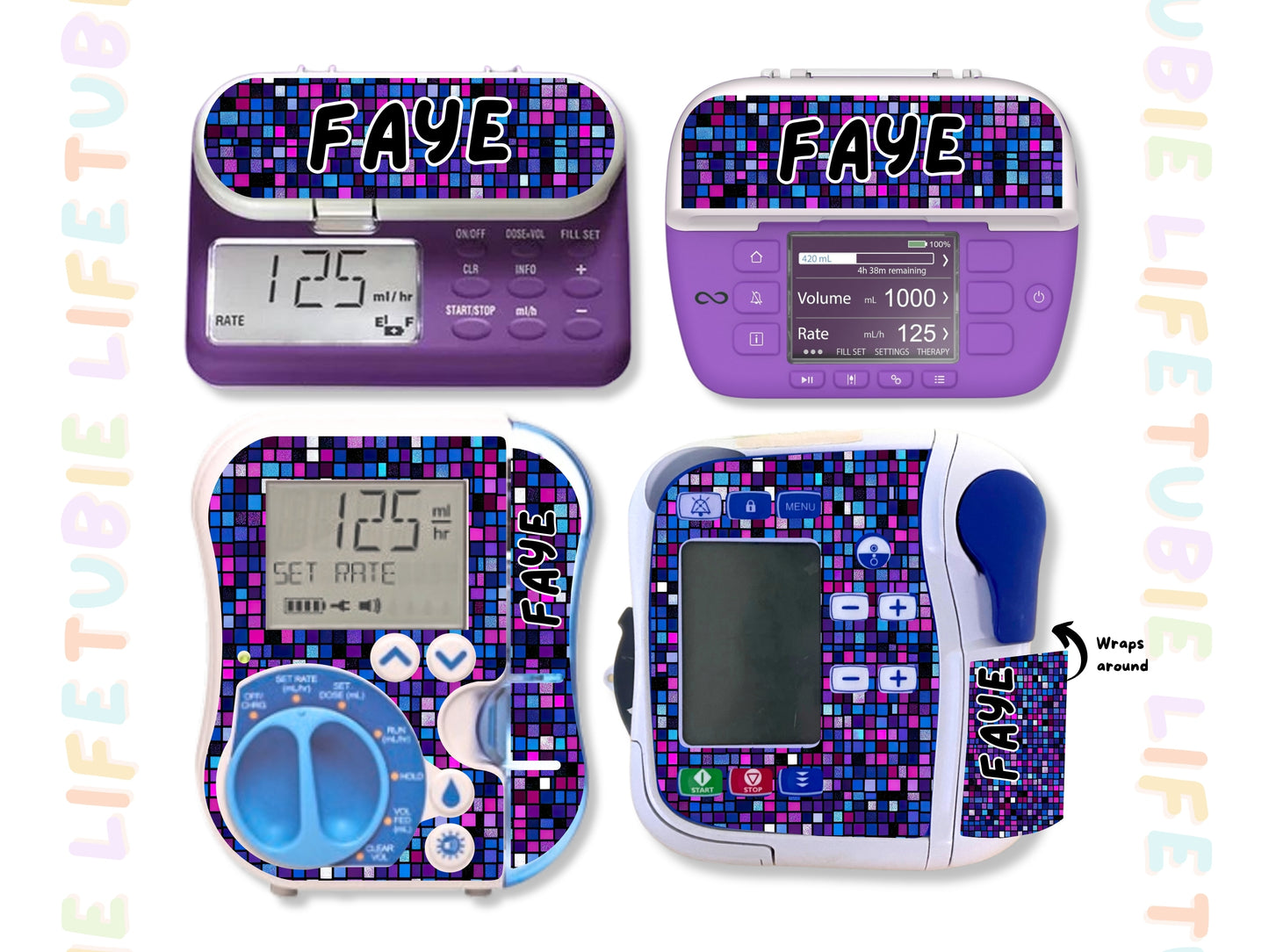 Feeding Pump Sticker Tubie Life for Fresenius Amika, Abbott Freego, Nutrica Infinity and Infinity 3 - purple squares