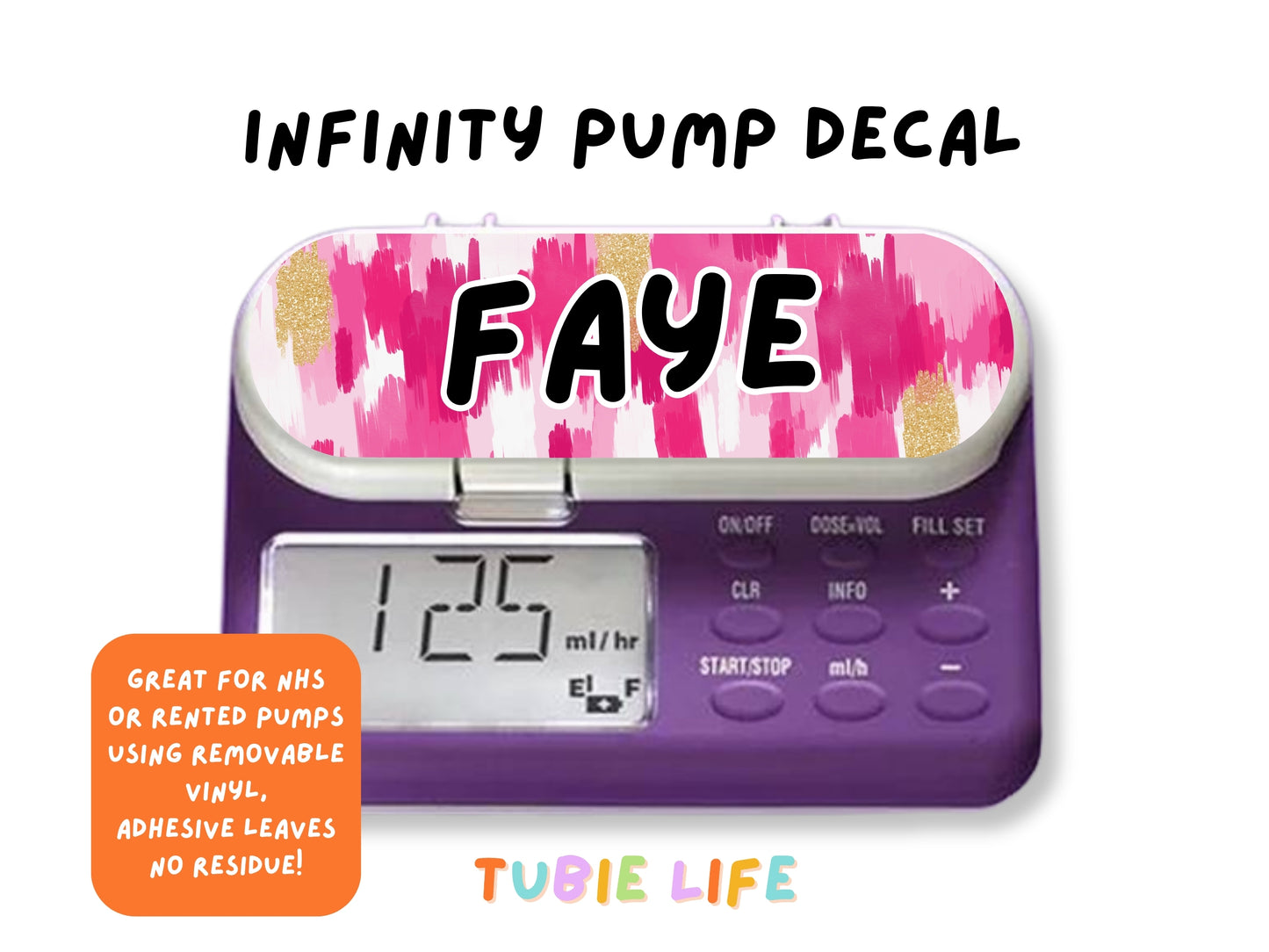 Feeding Pump Sticker Tubie Life for Fresenius Amika, Abbott Freego, Nutrica Infinity and Infinity 3 - pink and gold