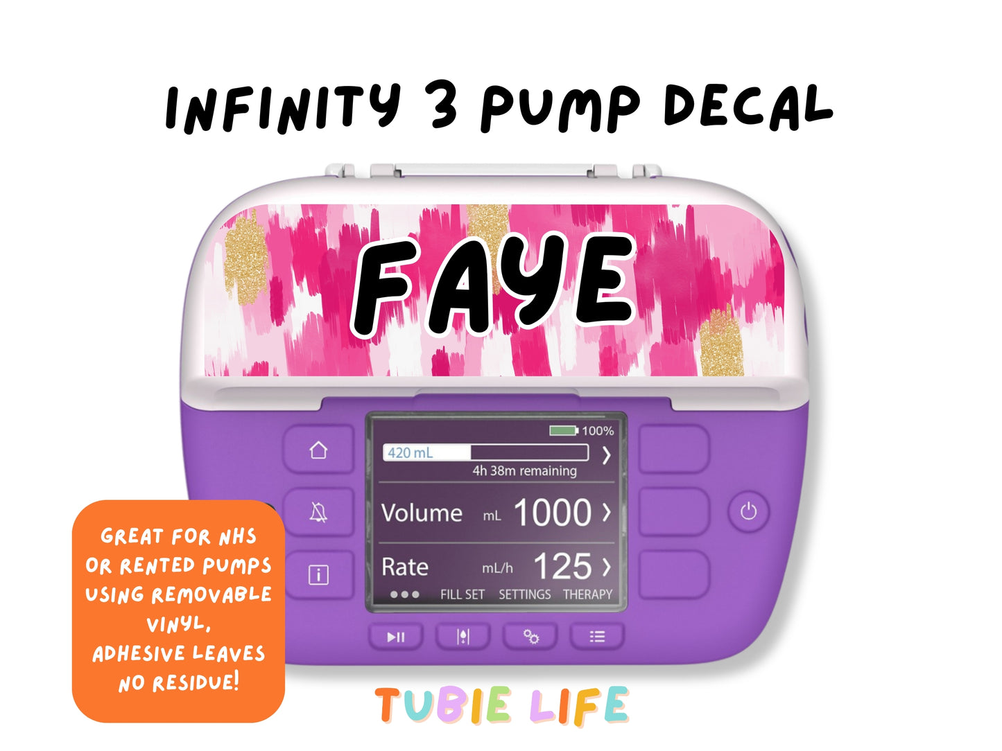Feeding Pump Sticker Tubie Life for Fresenius Amika, Abbott Freego, Nutrica Infinity and Infinity 3 - pink and gold
