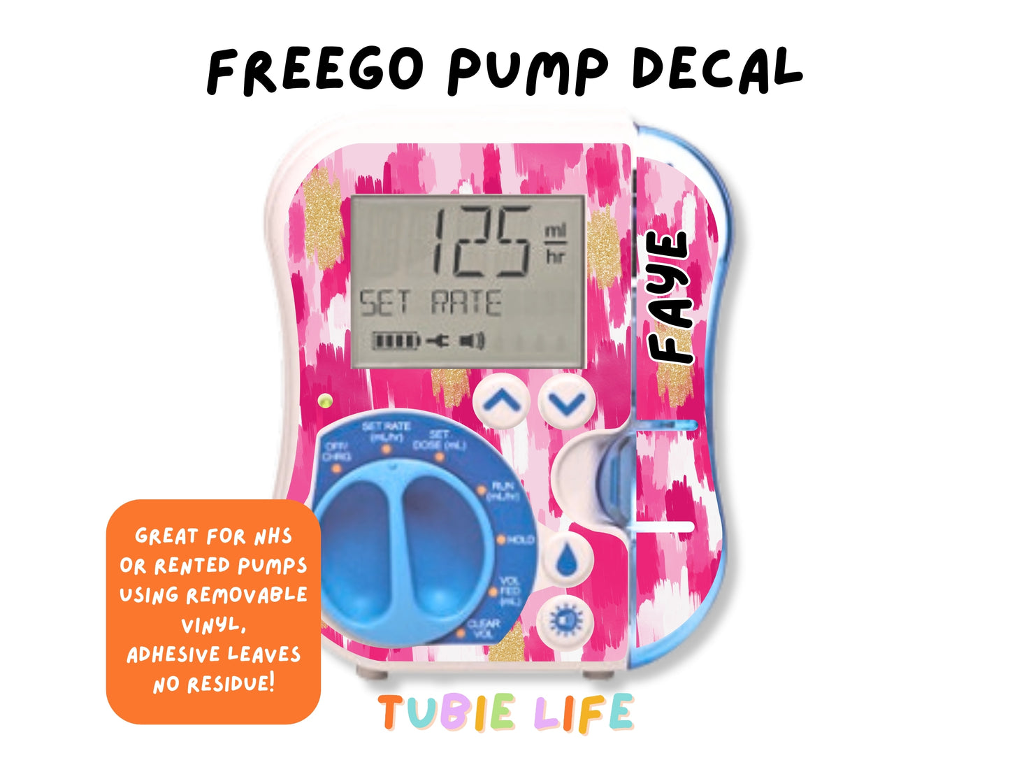 Feeding Pump Sticker Tubie Life for Fresenius Amika, Abbott Freego, Nutrica Infinity and Infinity 3 - pink and gold