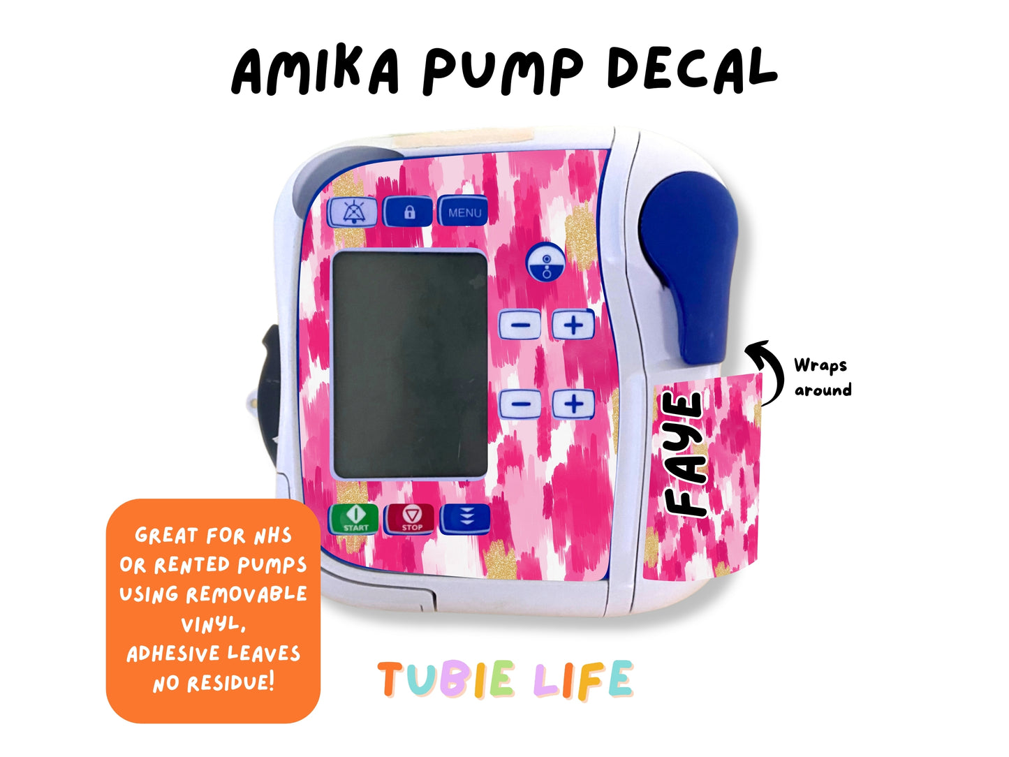 Feeding Pump Sticker Tubie Life for Fresenius Amika, Abbott Freego, Nutrica Infinity and Infinity 3 - pink and gold