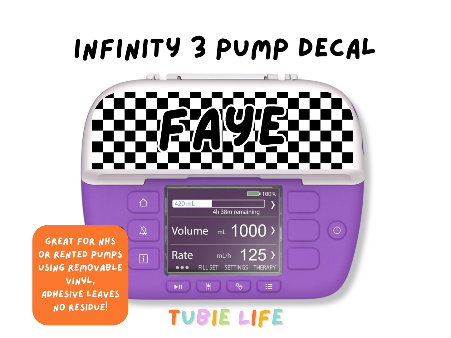 Feeding Pump Sticker Tubie Life for Fresenius Amika, Abbott Freego, Nutrica Infinity and Infinity 3 - Black check