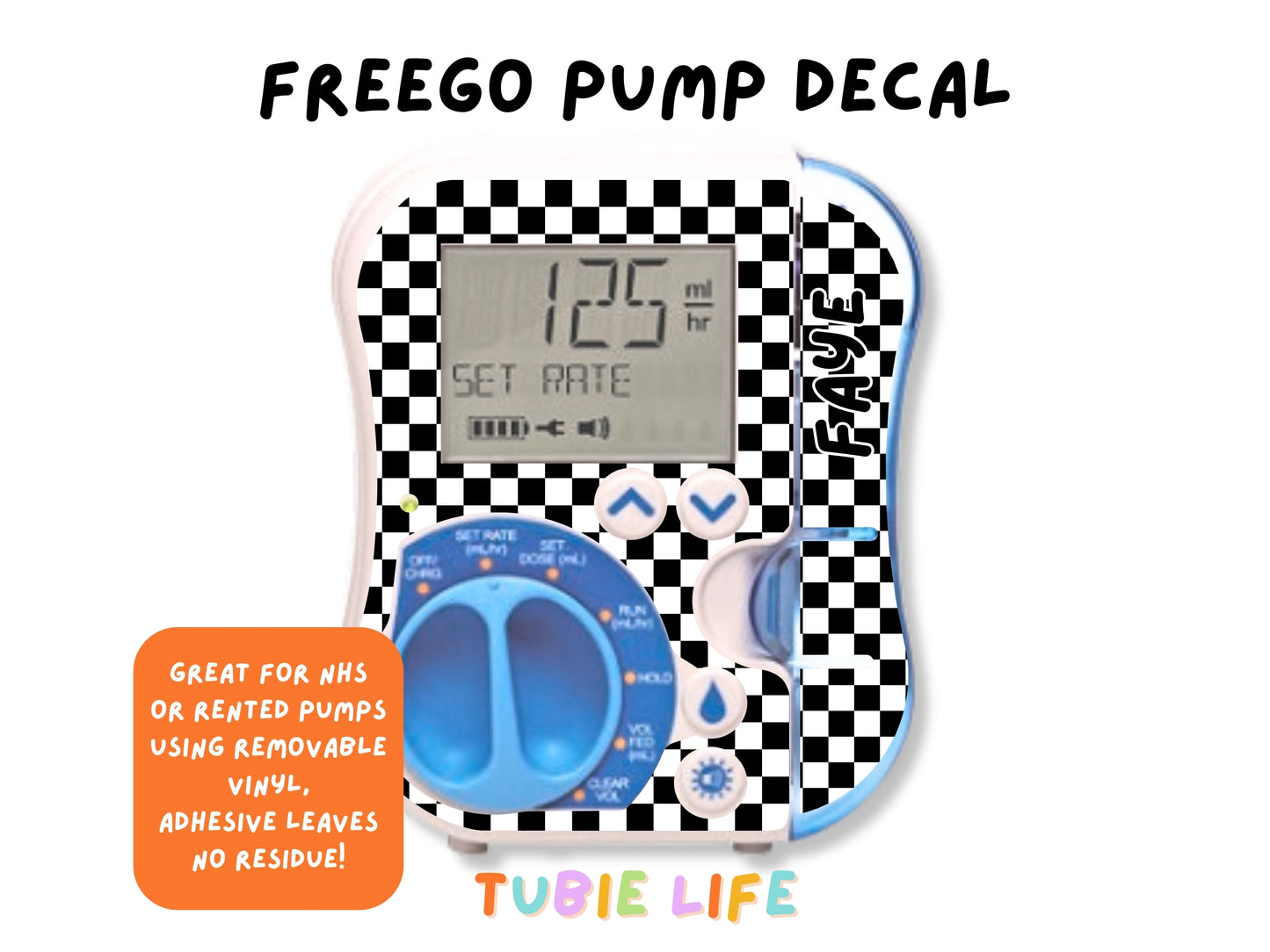 Feeding Pump Sticker Tubie Life for Fresenius Amika, Abbott Freego, Nutrica Infinity and Infinity 3 - Black check
