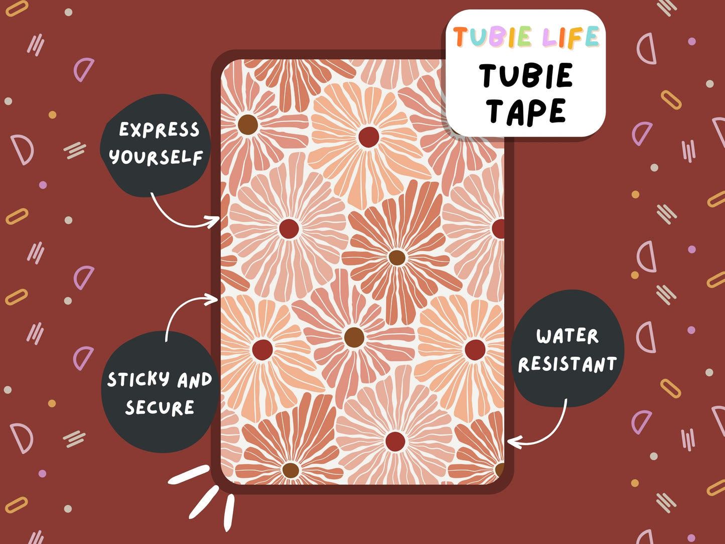 TUBIE TAPE Tubie Life ng tube tape for feeding tubes and other tubing Full Sheet boho big flowers