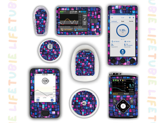 Diabetes Device Decals stickers for Libre 2, Dexcom G6, Medtronic minimed, omnipod, t-slim, Libre 3 purple squares