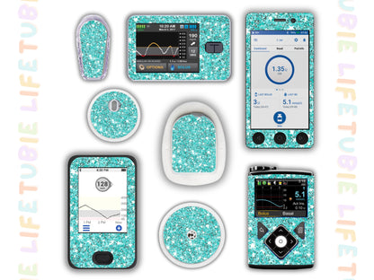 Diabetes Device Decals stickers for Libre 2, Dexcom G6, Medtronic minimed, omnipod, t-slim, Libre 3 teal glitter effect