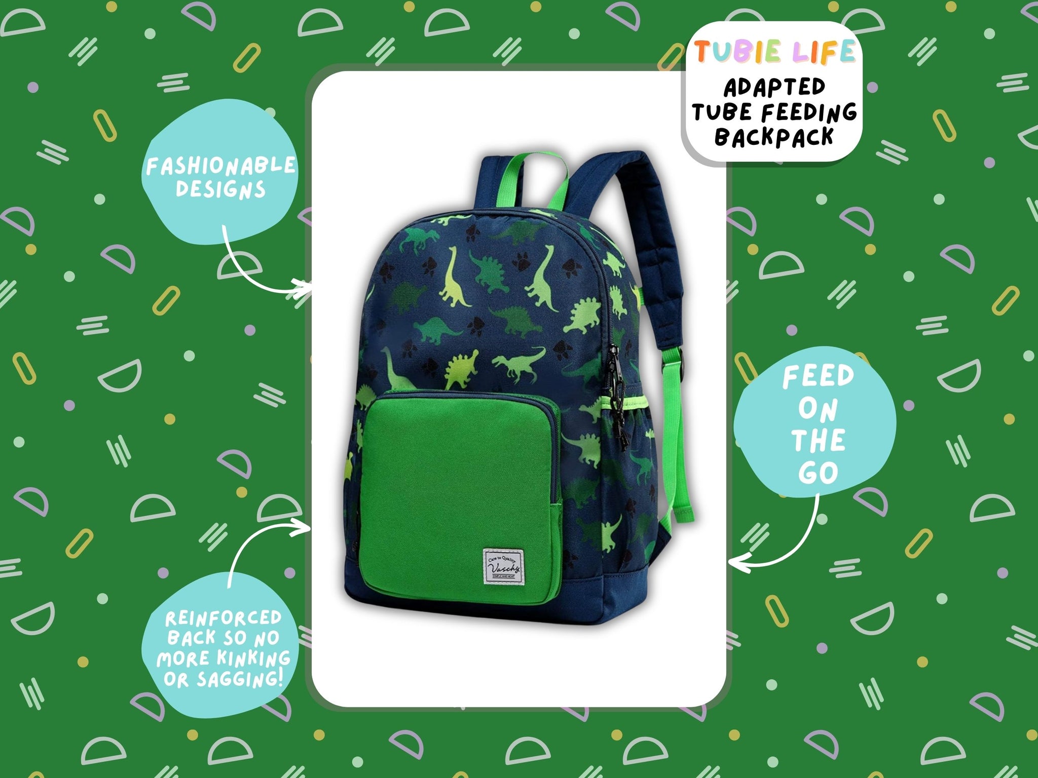Dark Green Dinosaur Tubie Life Adapted Backpack Large Kids
