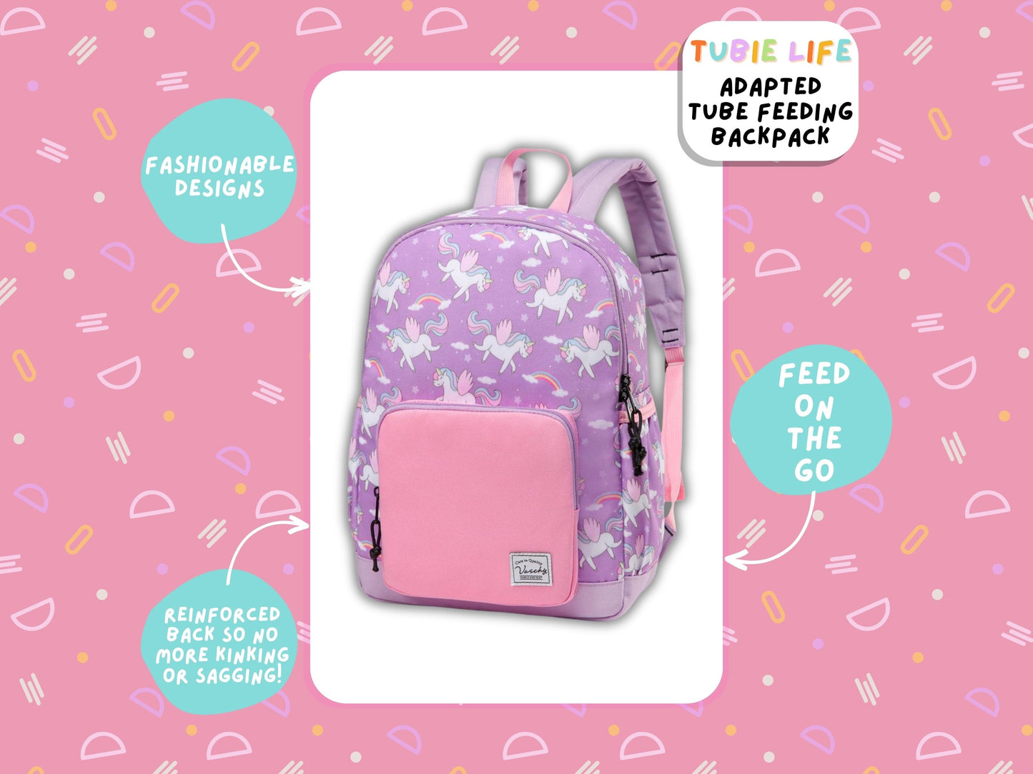 Pink and Purple Unicorn Tubie Life Adapted Backpack Large Kids