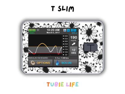 Diabetes Device Decals stickers for Libre 2, Dexcom G6, Medtronic minimed, omnipod, t-slim, Libre 3 black and white daisy