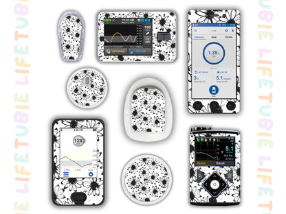 Diabetes Device Decals stickers for Libre 2, Dexcom G6, Medtronic minimed, omnipod, t-slim, Libre 3 black and white daisy