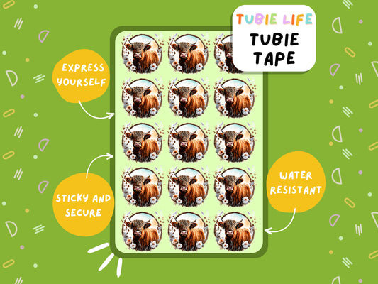 TUBIE TAPE Tubie Life highland cow ng tube tape for feeding tubes and other tubing Full Sheet