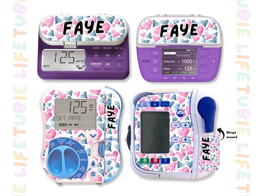 Feeding Pump Sticker Tubie Life for Fresenius Amika, Abbott Freego, Nutrica Infinity and Infinity 3 - pink and blue hearts