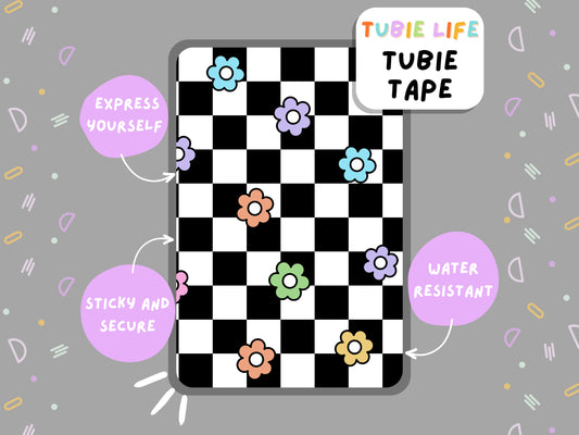 TUBIE TAPE Tubie Life black check flower ng tube tape for feeding tubes and other tubing Full Sheet