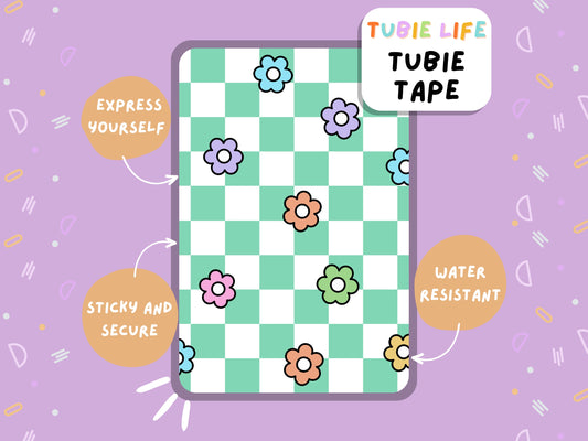 TUBIE TAPE Tubie Life green check flower ng tube tape for feeding tubes and other tubing Full Sheet
