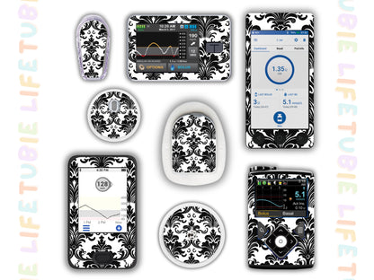 Diabetes Device Decals stickers for Libre 2, Dexcom G6, Medtronic minimed, omnipod, t-slim, Libre 3 black and white pattern