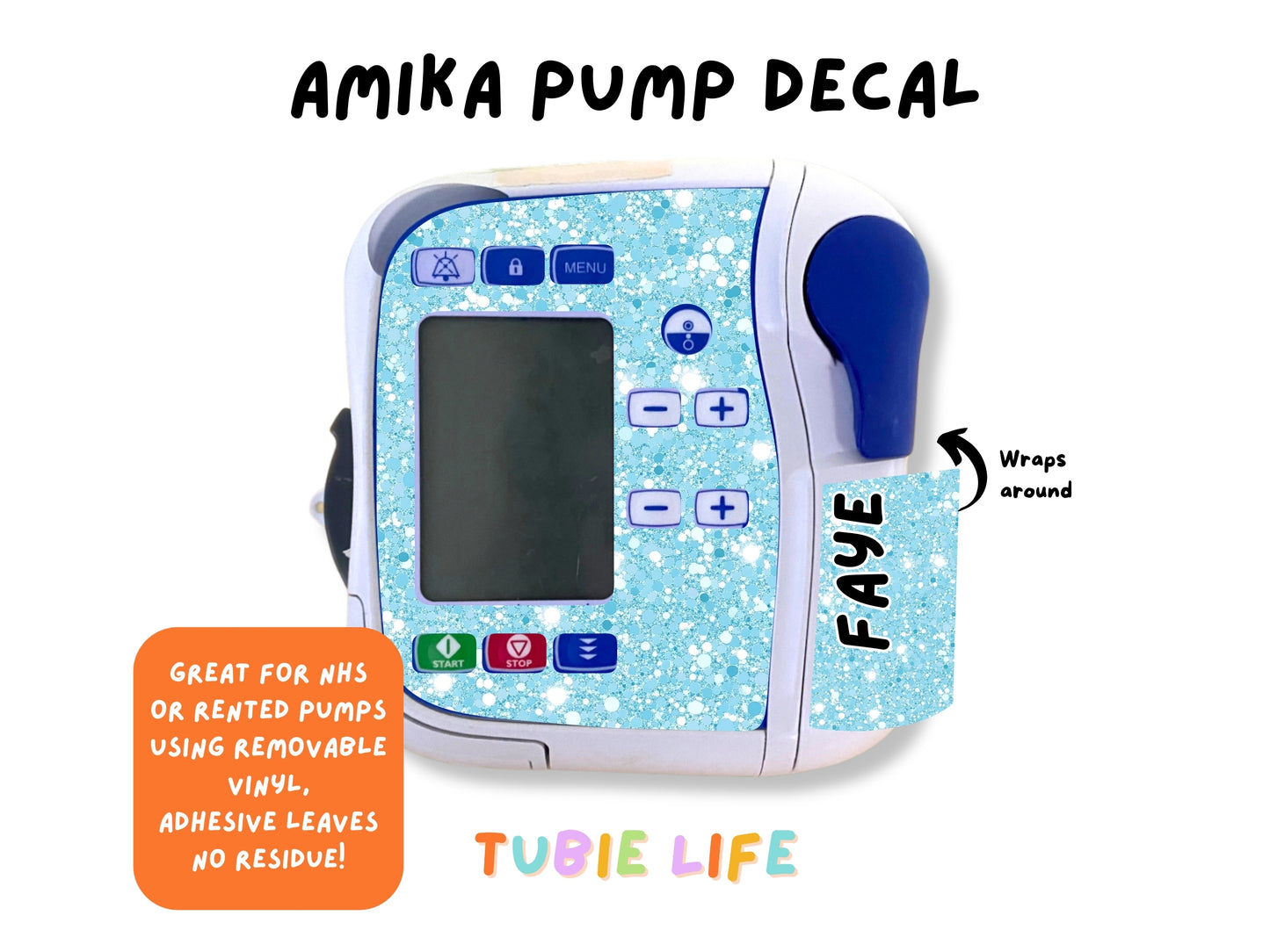 Feeding Pump Sticker Tubie Life for Fresenius Amika, Abbott Freego, Nutrica Infinity and Infinity 3 - blue glitter effect