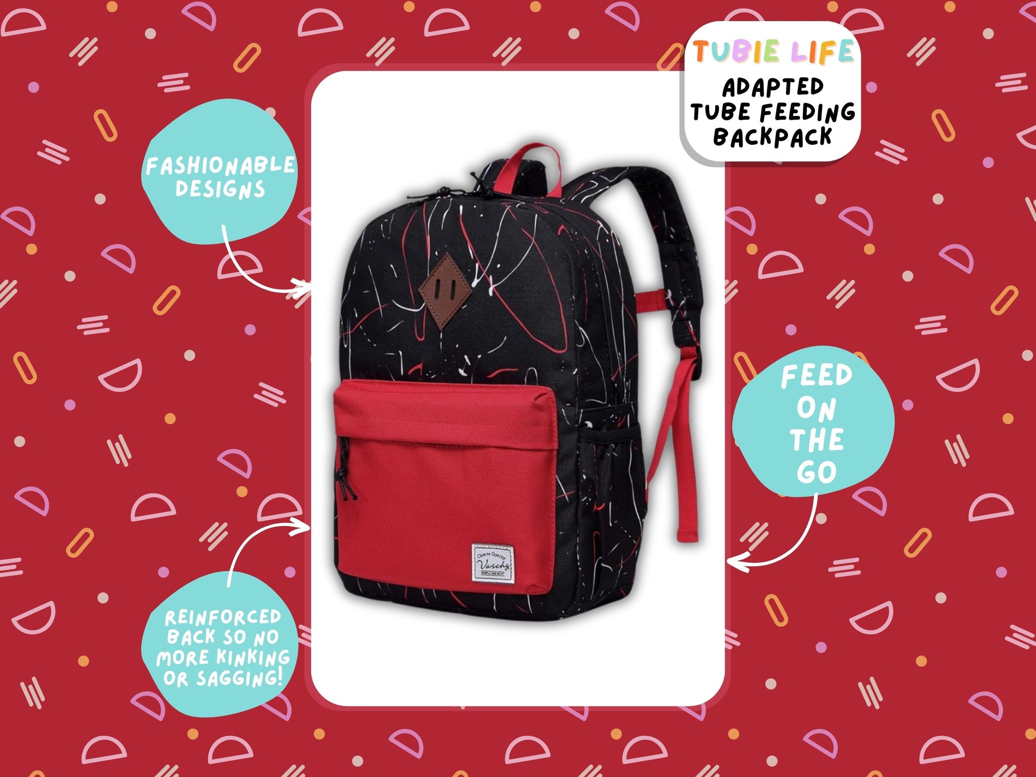 Red Pocket Paint Splatter Tubie Life Adapted Backpack Large Kids