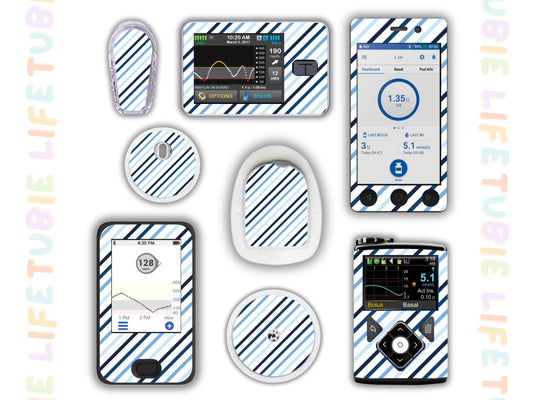 Diabetes Device Decals stickers for Libre 2, Dexcom G6, Medtronic minimed, omnipod, t-slim, Libre 3 blue diagonal lines