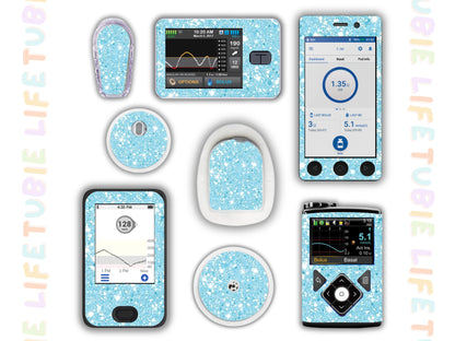 Diabetes Device Decals stickers for Libre 2, Dexcom G6, Medtronic minimed, omnipod, t-slim, Libre 3 blue glitter effect