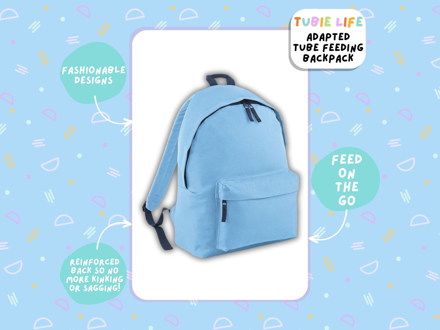 Light Blue Tubie Life Adapted Backpack Essentials