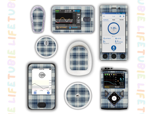 Diabetes Device Decals stickers for Libre 2, Dexcom G6, Medtronic minimed, omnipod, t-slim, Libre 3 blue plaid