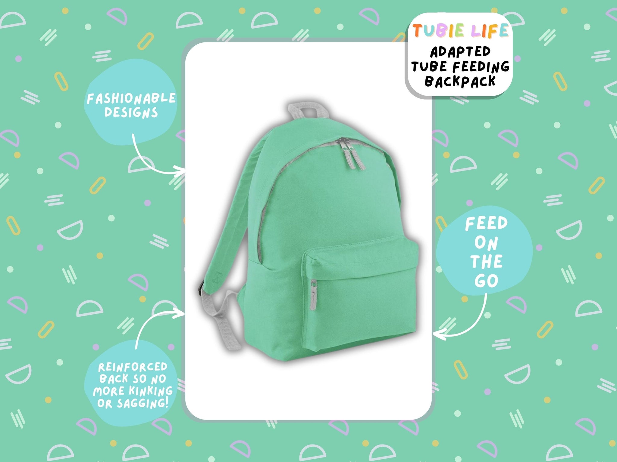 Mint Green Tubie Life Adapted Backpack Essentials