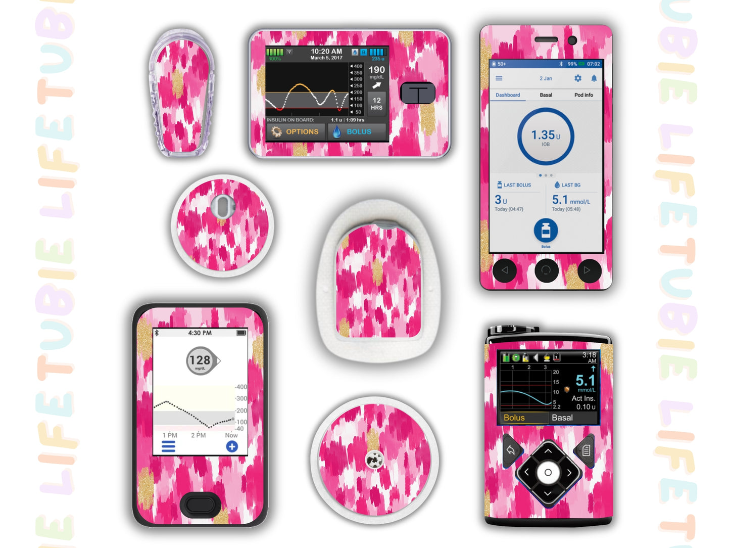 Diabetes Device Decals stickers for Libre 2, Dexcom G6, Medtronic minimed, omnipod, t-slim, Libre 3 pink and gold