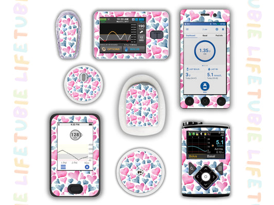 Diabetes Device Decals stickers for Libre 2, Dexcom G6, Medtronic minimed, omnipod, t-slim, Libre 3 pink and blue hearts