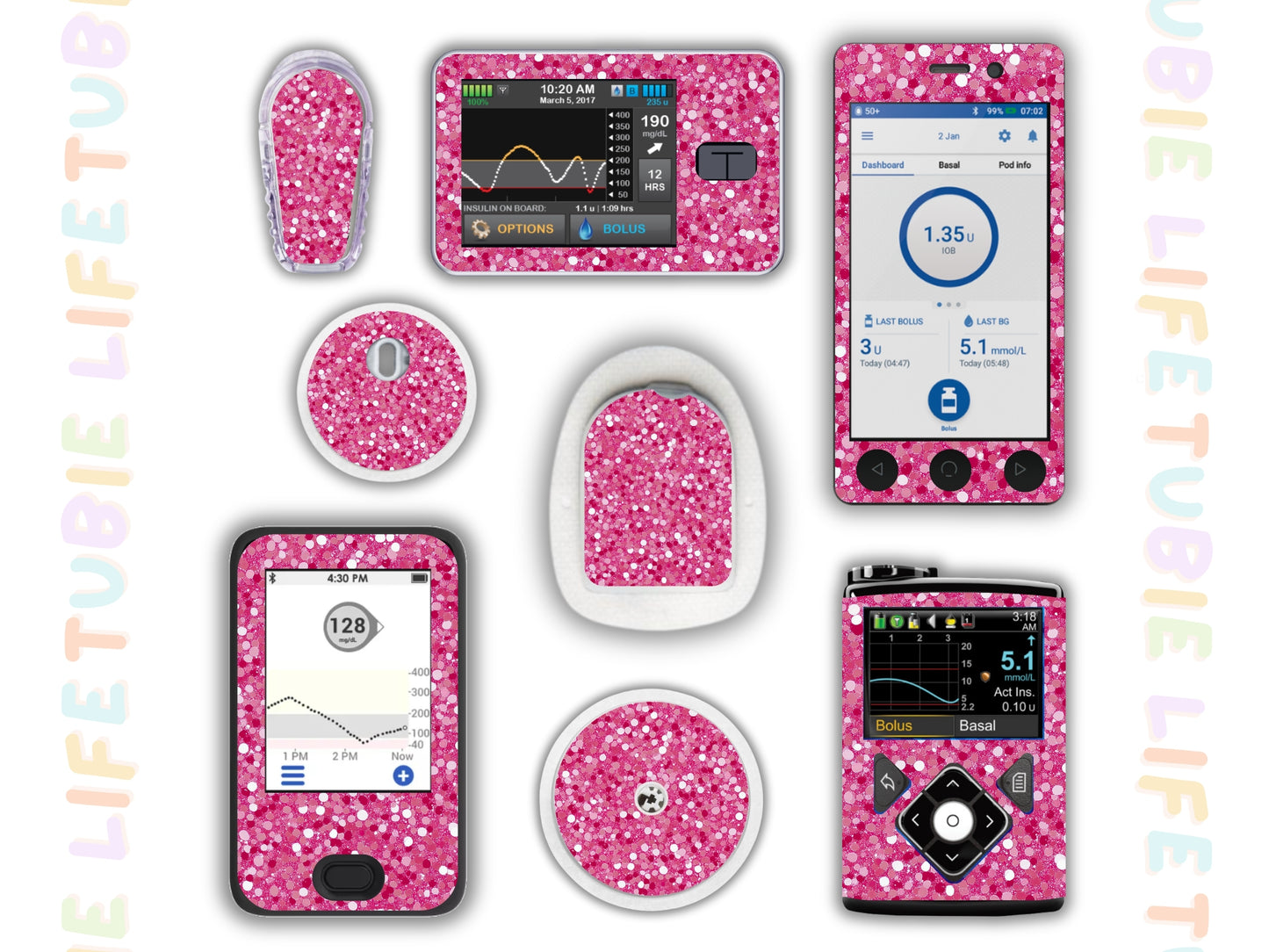 Diabetes Device Decals stickers for Libre 2, Dexcom G6, Medtronic minimed, omnipod, t-slim, Libre 3 pink glitter effect