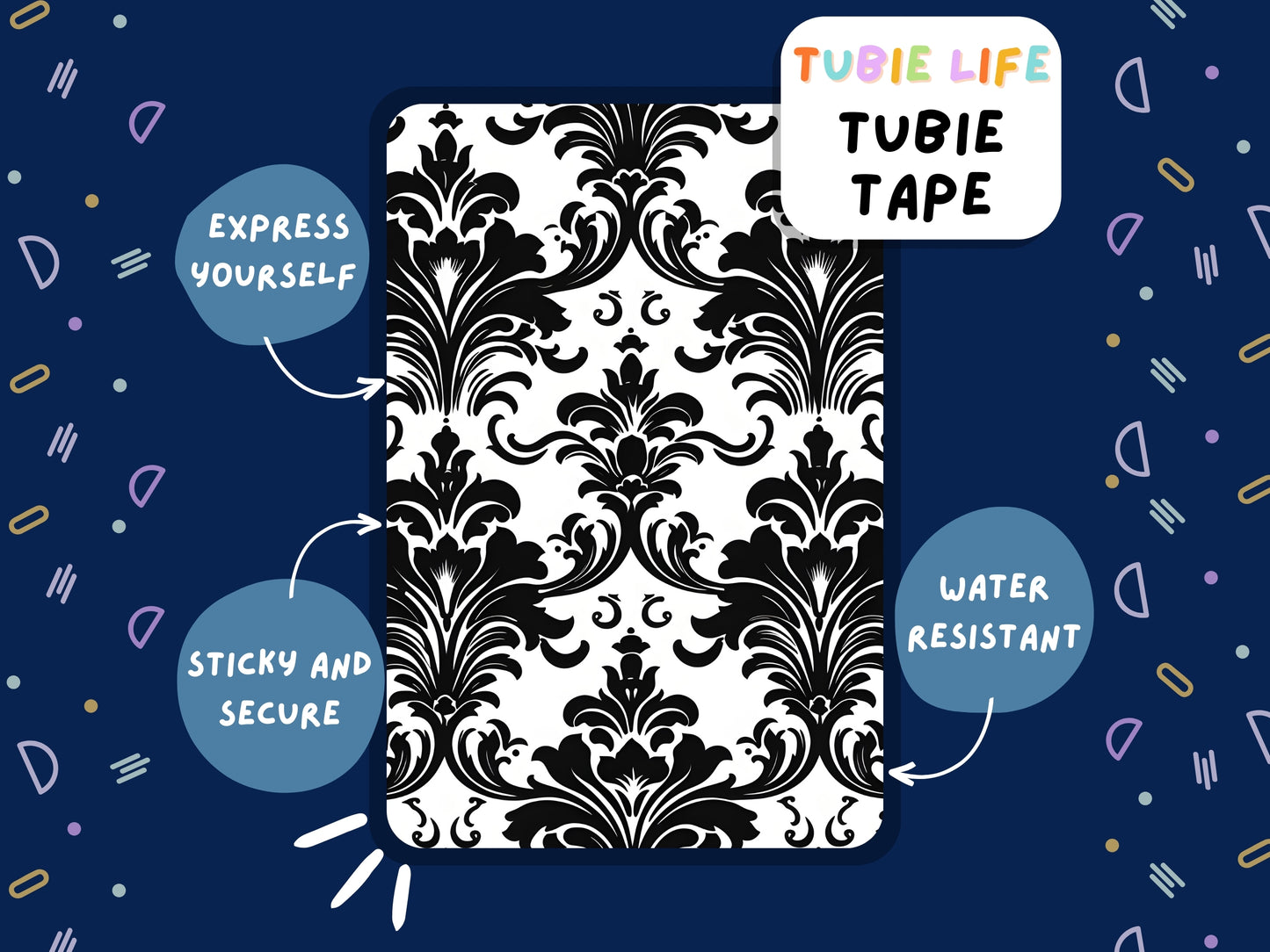 TUBIE TAPE Tubie Life ng tube tape for feeding tubes and other tubing black and white pattern