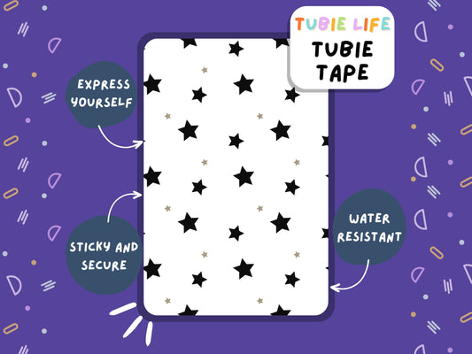 TUBIE TAPE Tubie Life ng tube tape for feeding tubes and other tubing Full Sheet black and white stars