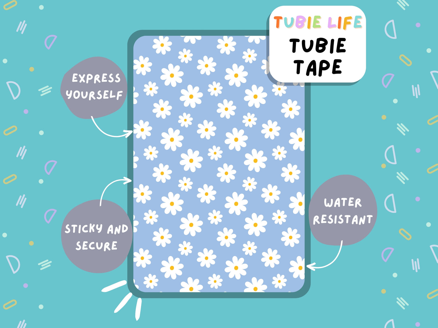 TUBIE TAPE Tubie Life ng tube tape for feeding tubes and other tubing Full Sheet blue and white flowers