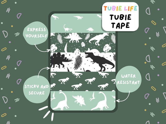 TUBIE TAPE Tubie Life green and black dinosaur print ng tube tape for feeding tubes and other tubing