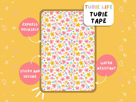 TUBIE TAPE Tubie Life pink and yellow flower ng tube tape for feeding tubes and other tubing Full Sheet