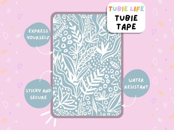 TUBIE TAPE Tubie Life blue and white leaf ng tube tape for feeding tubes and other tubing Full Sheet