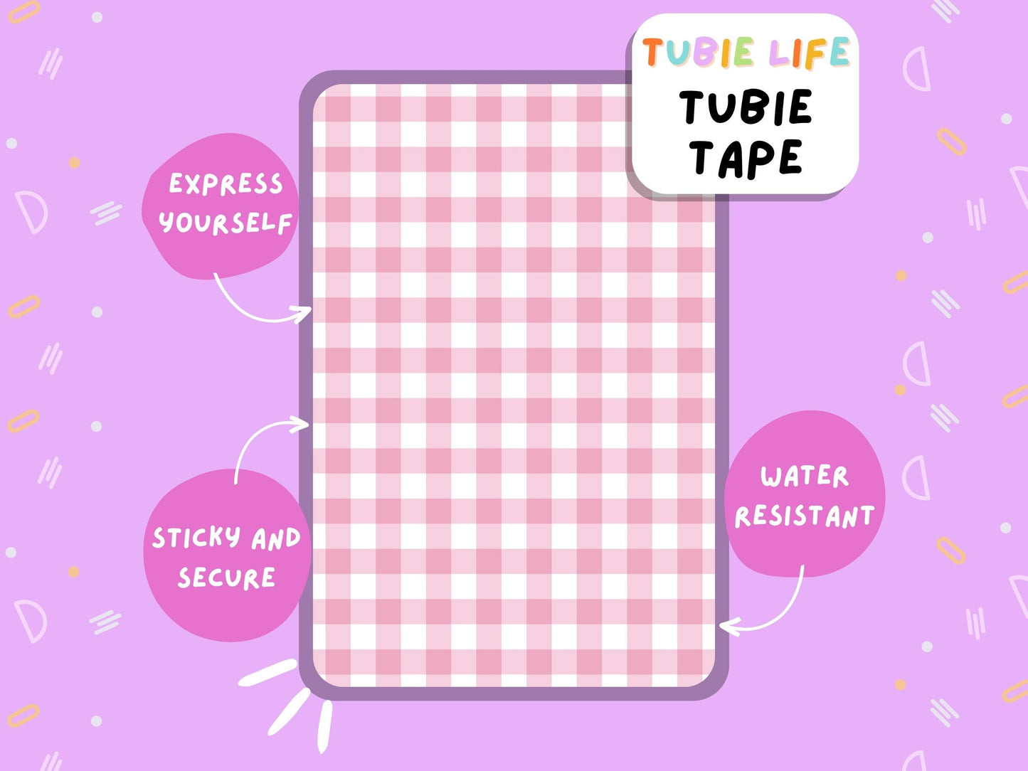 TUBIE TAPE Tubie Life pink gingham ng tube tape for feeding tubes and other tubing Full Sheet