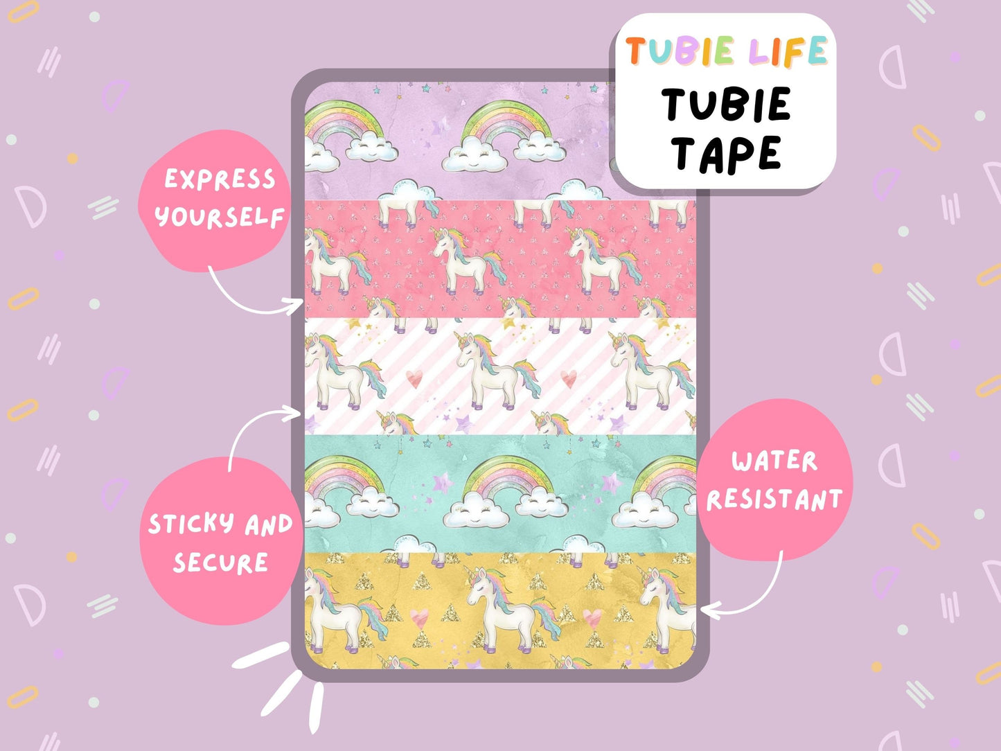 TUBIE TAPE Tubie Life unicorns and rainbows ng tube tape for feeding tubes and other tubing