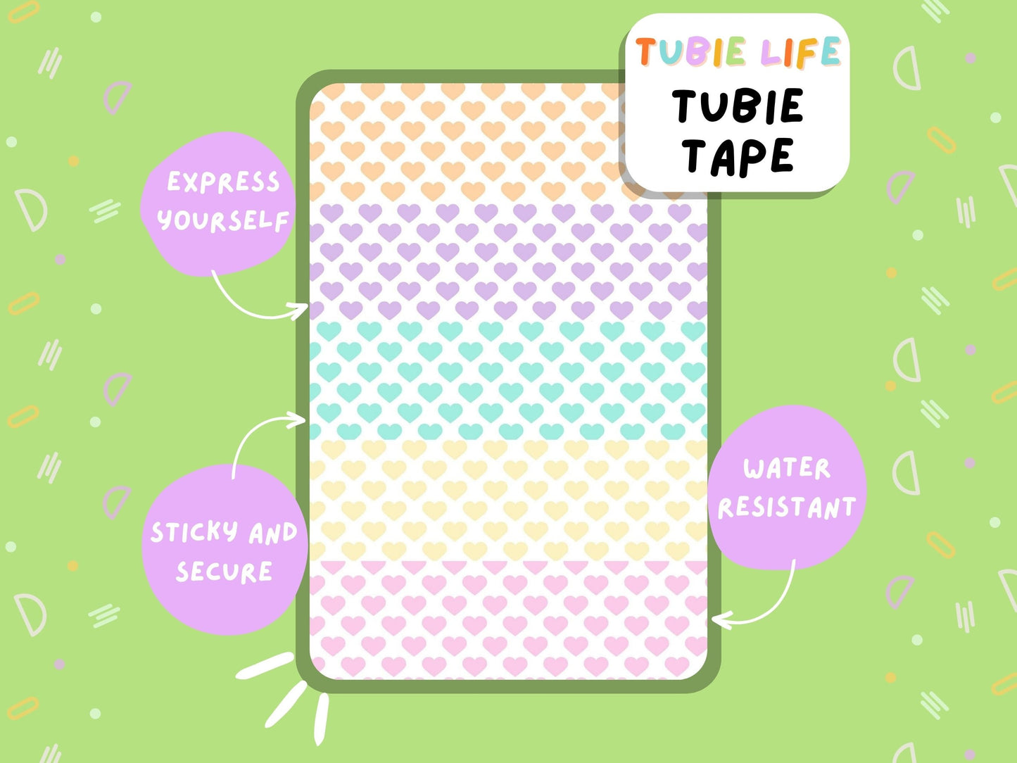 TUBIE TAPE Tubie Life pastel hearts ng tube tape for feeding tubes and other tubing