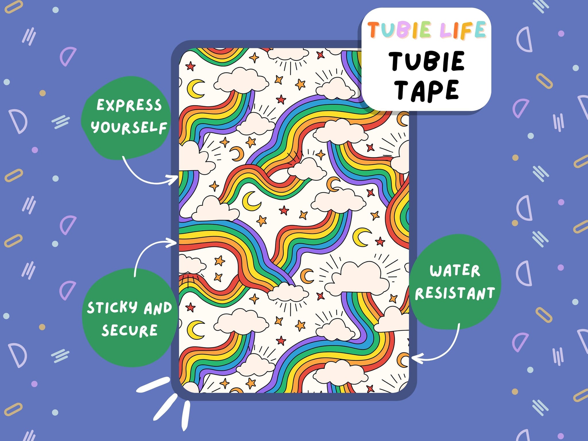 TUBIE TAPE Tubie Life rainbow clouds ng tube tape for feeding tubes and other tubing Full Sheet