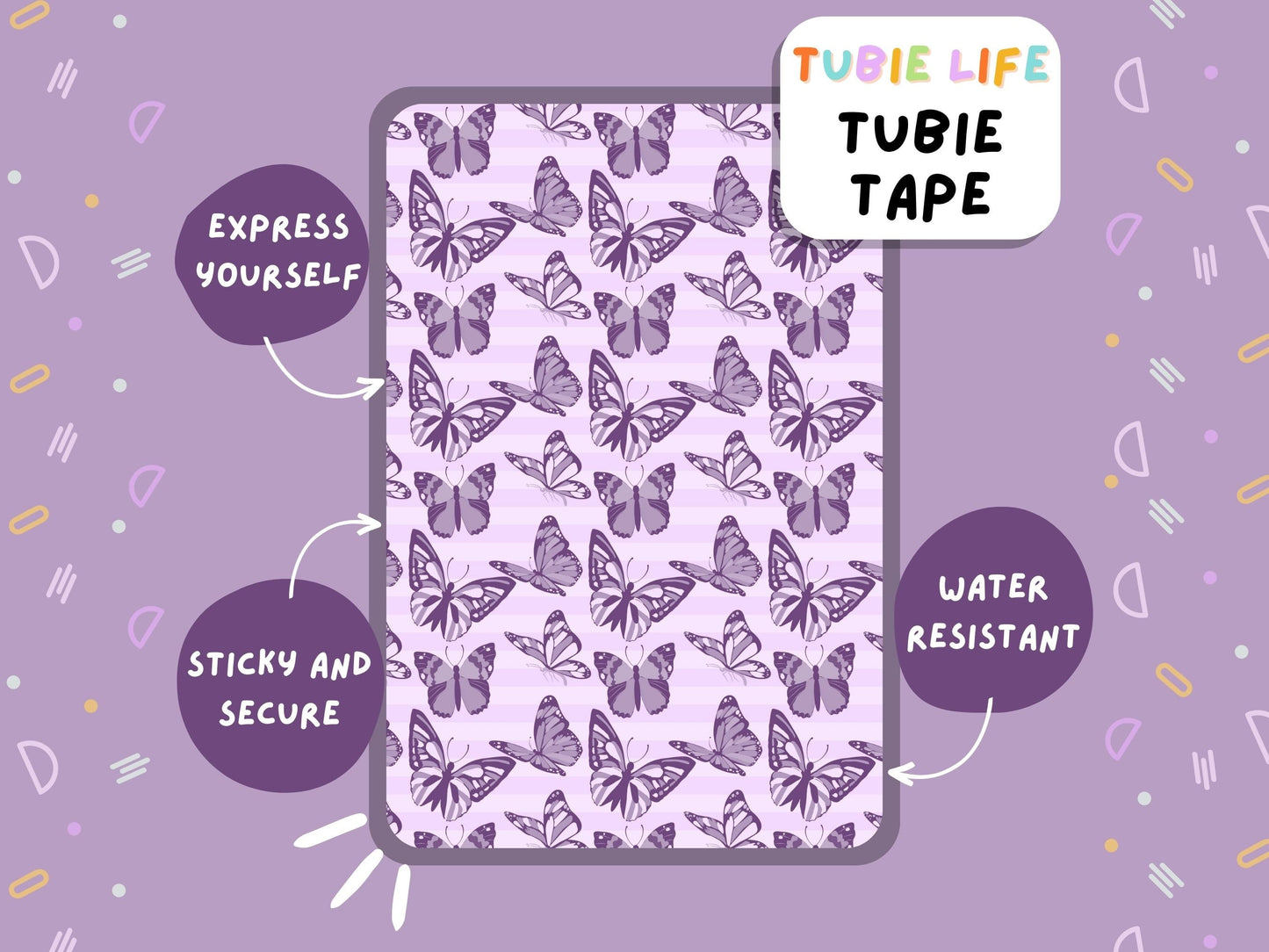 TUBIE TAPE Tubie Life purple butterfly ng tube tape for feeding tubes and other tubing Full Sheet