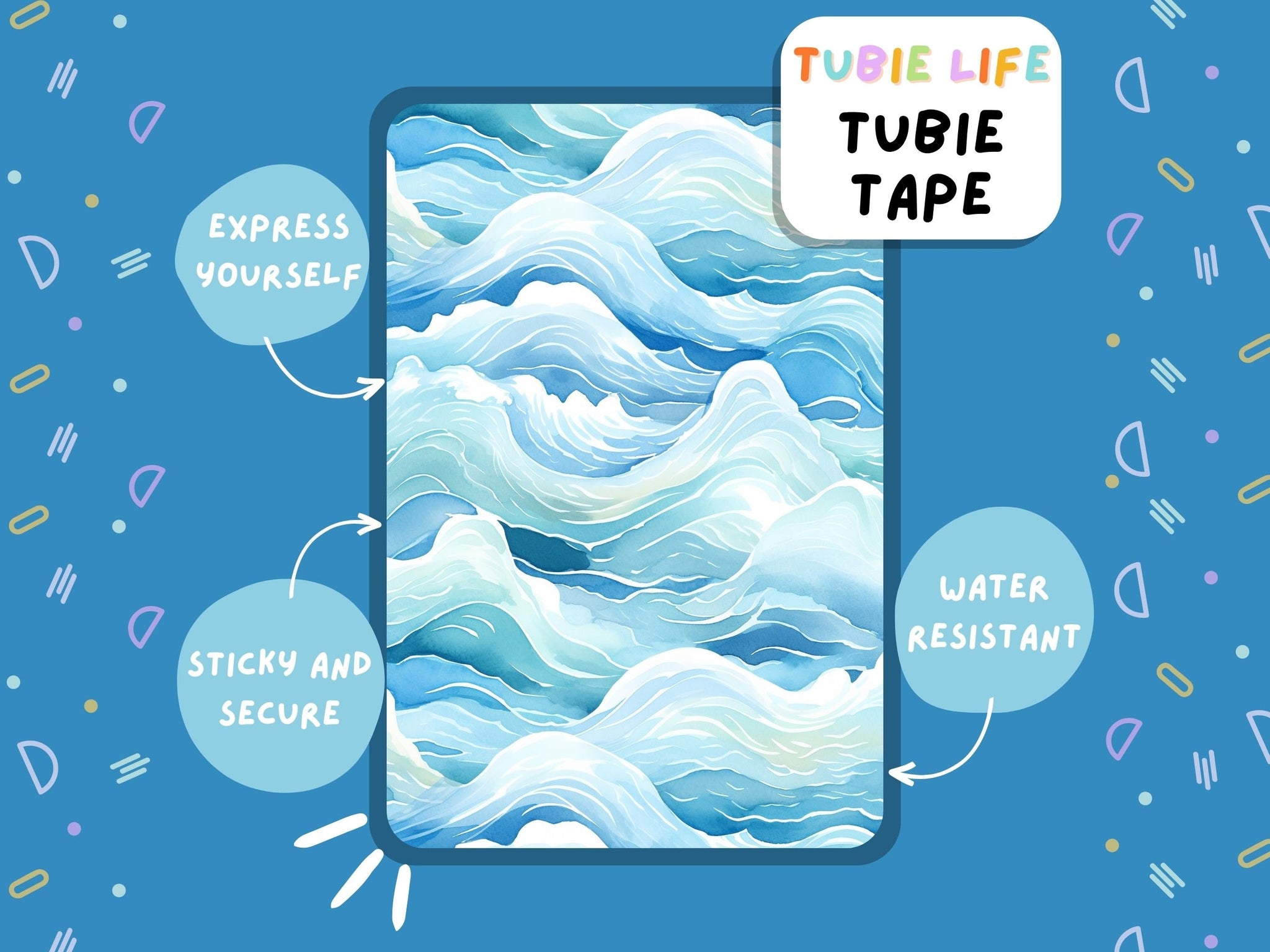 TUBIE TAPE Tubie Life blue waves ng tube tape for feeding tubes and other tubing Full Sheet